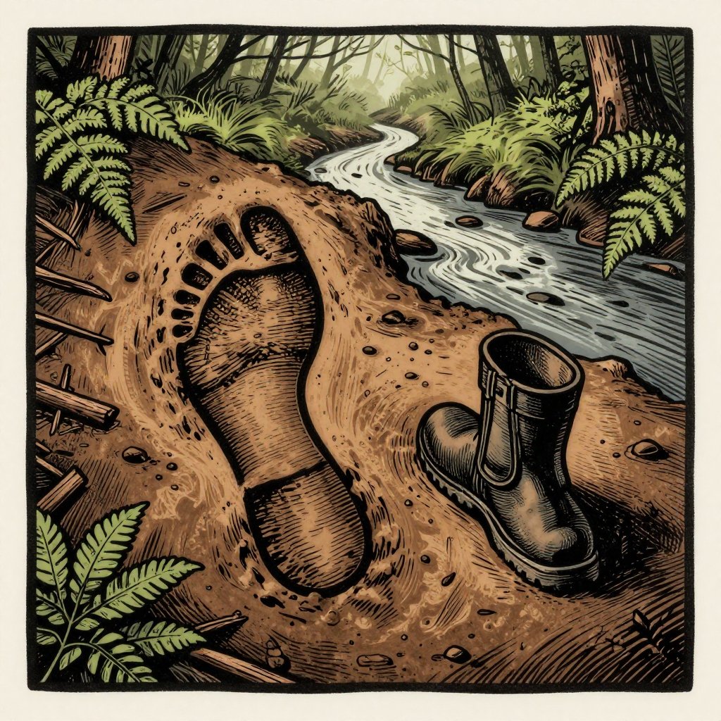 Woodcut print of a large footprint pressed deep into wet mud beside a creek bed with a human boot for scale