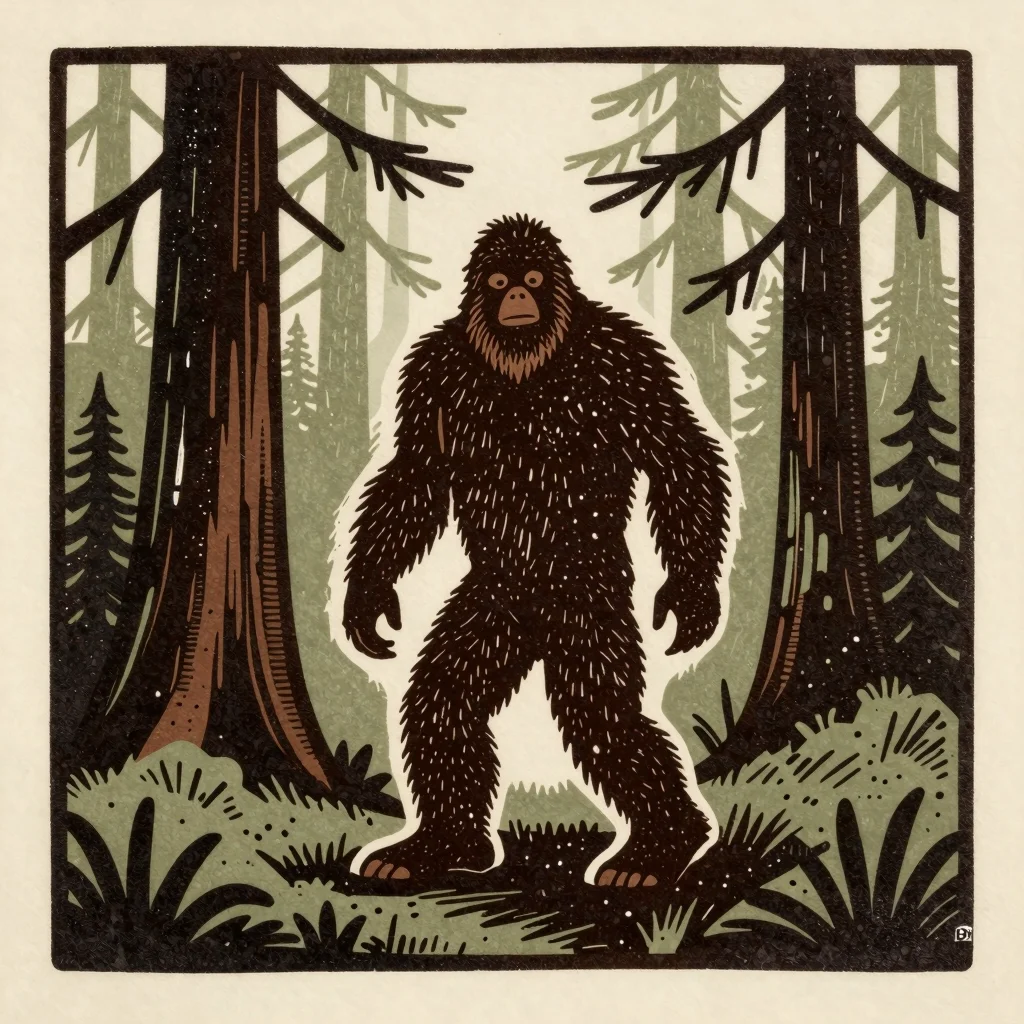 Woodcut print of a tall dark hairy figure walking along a creek bed, glancing back over its shoulder in vintage 1960s film style
