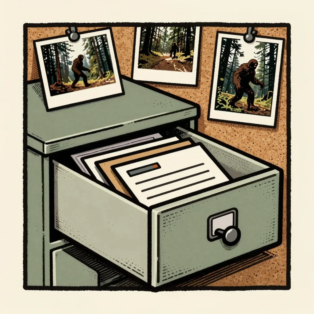 Woodcut print of a naturalist's desk covered with plaster footprint casts, hair sample jars, a tape recorder, and blurry photographs