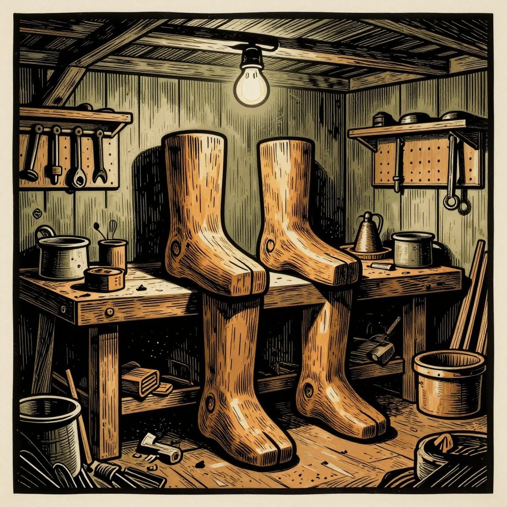 Woodcut print of a pair of large crudely carved wooden feet on a workbench in a cluttered workshop