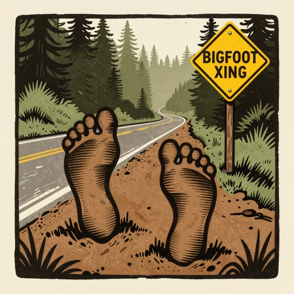 Woodcut print of a highway road sign reading BIGFOOT XING at the edge of a dark misty forest road
