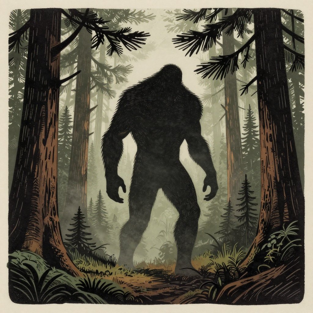 Woodcut print of a massive shadowy Bigfoot figure in a misty Pacific Northwest forest