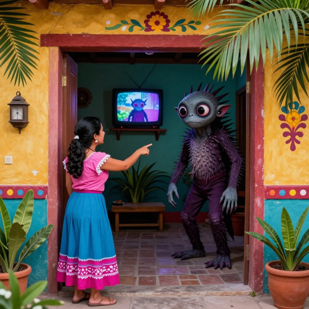 Mexican folk art of a woman pointing from her doorway at a strange spined creature in her garden shadows