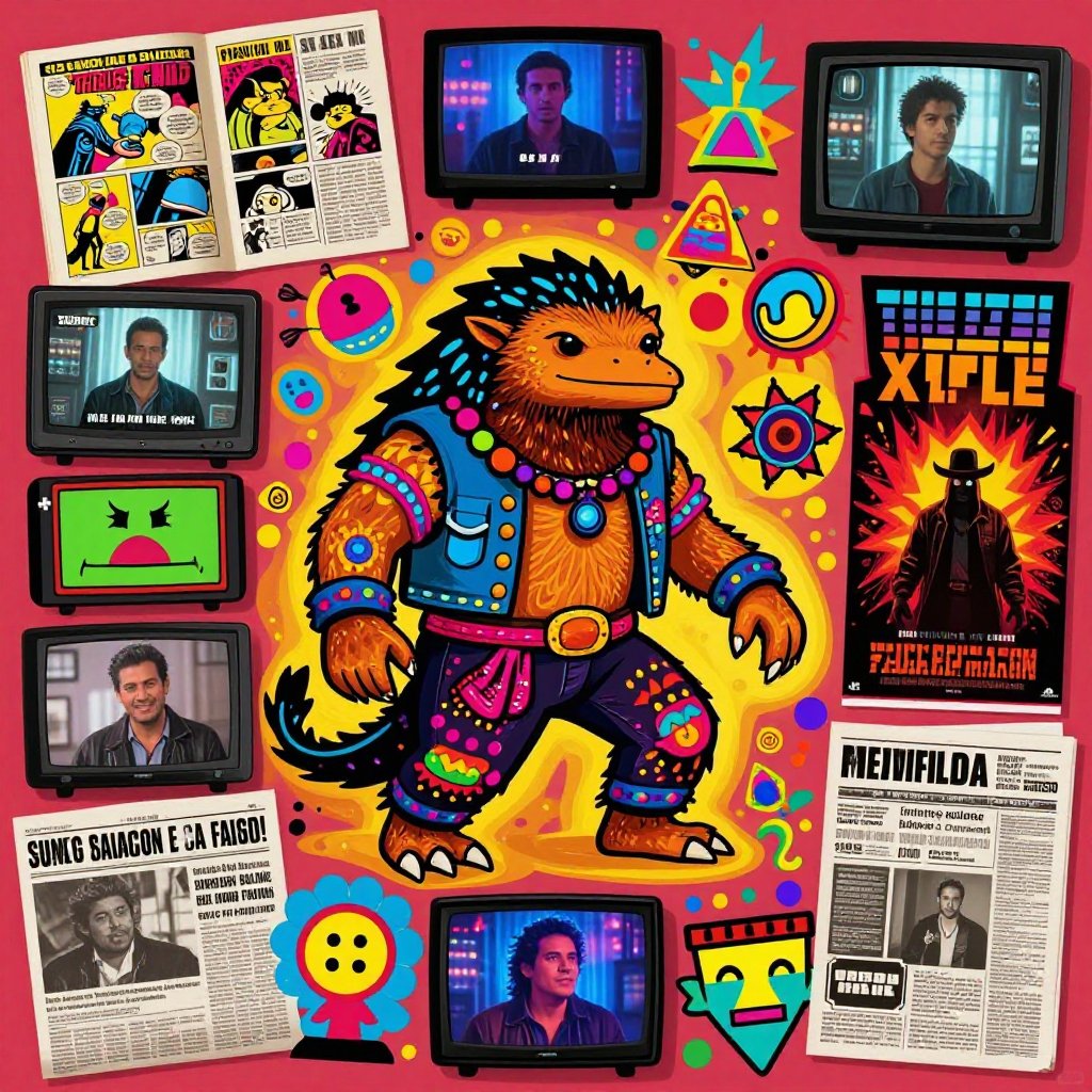 Mexican folk art collage of pop culture Chupacabra appearances in comics, TV, movies, and newspapers