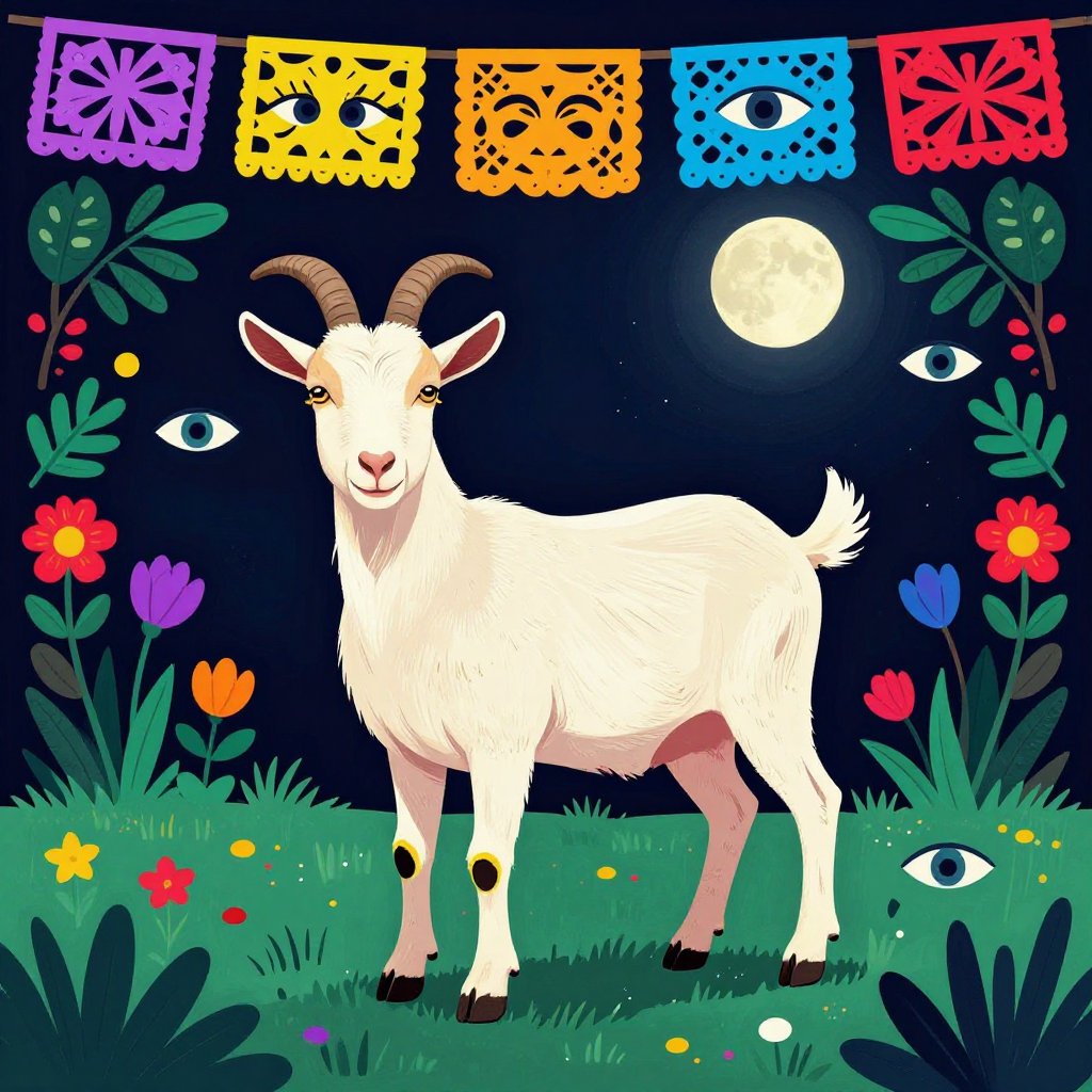 Mexican folk art of a single goat standing in a moonlit field looking at the viewer with multiple pairs of eyes hidden in foliage