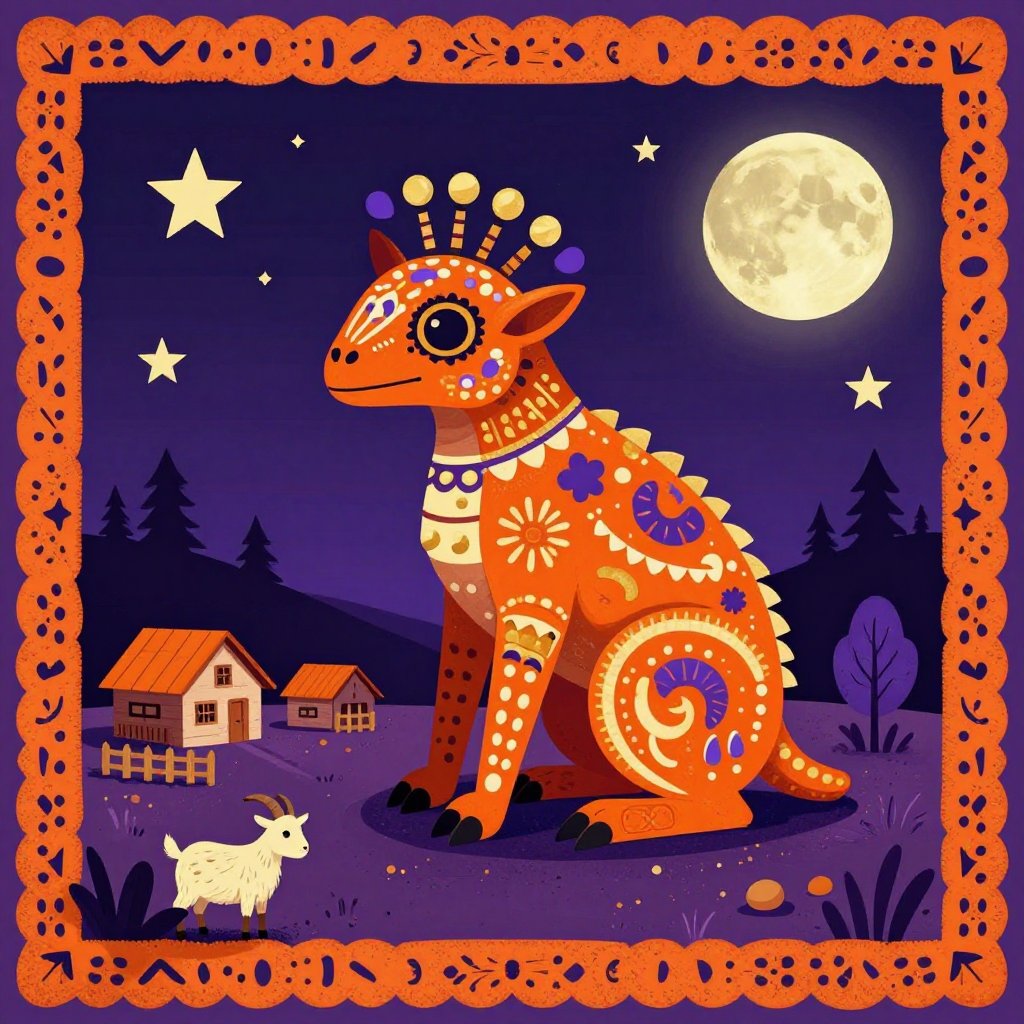 Mexican folk art illustration of a stylized Chupacabra crouching on a moonlit hillside above a farm