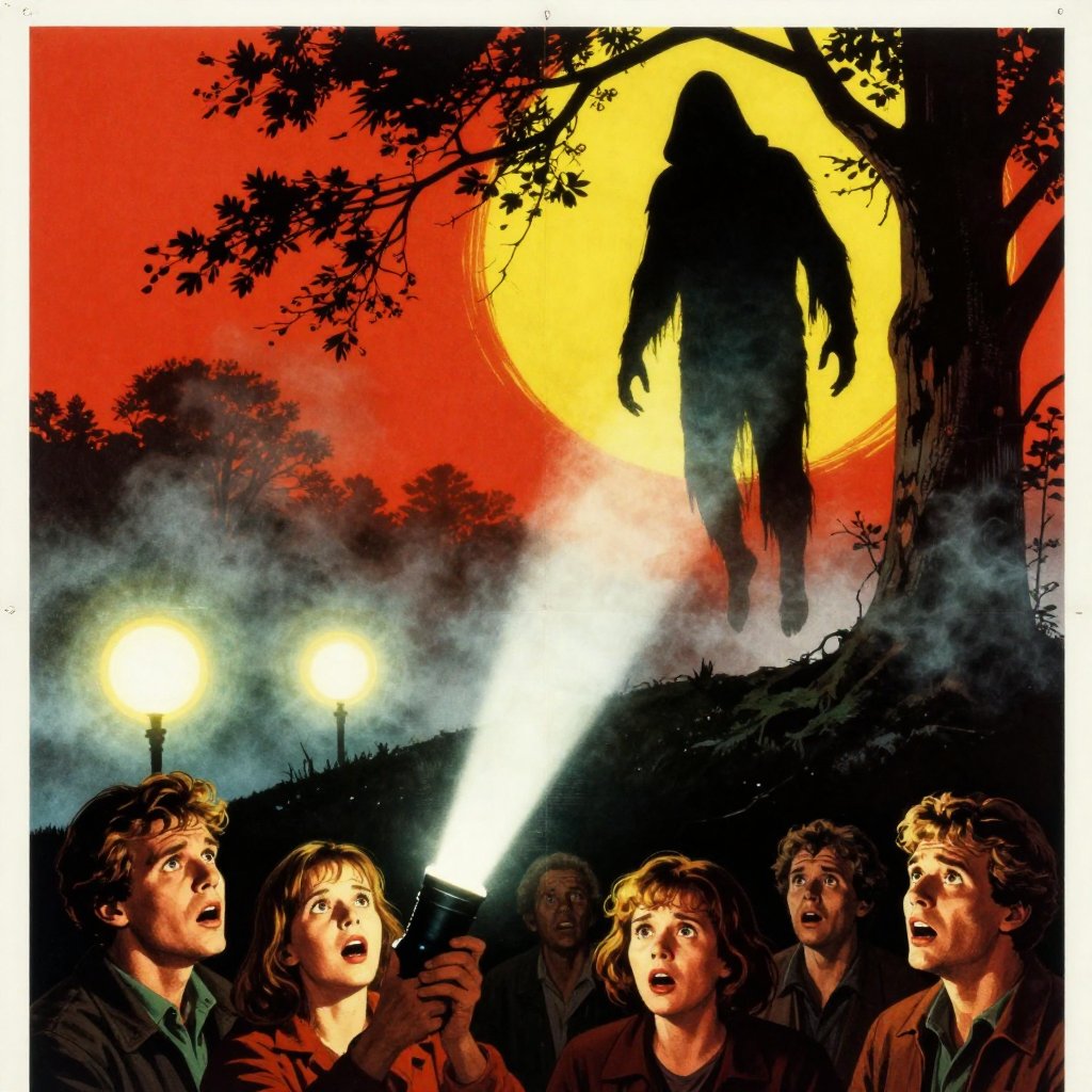 1950s B-movie poster illustration of a flashlight beam cutting through mist illuminating two glowing orbs beneath a tree with the creature emerging