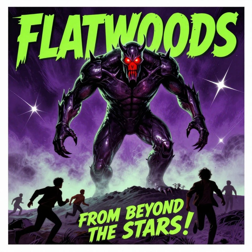 1950s B-movie poster of the Flatwoods Monster towering over terrified people with neon green and purple colors