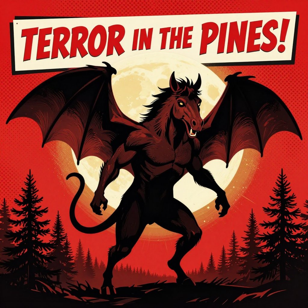 Retro pulp magazine illustration of the Jersey Devil silhouetted against a full moon over the Pine Barrens
