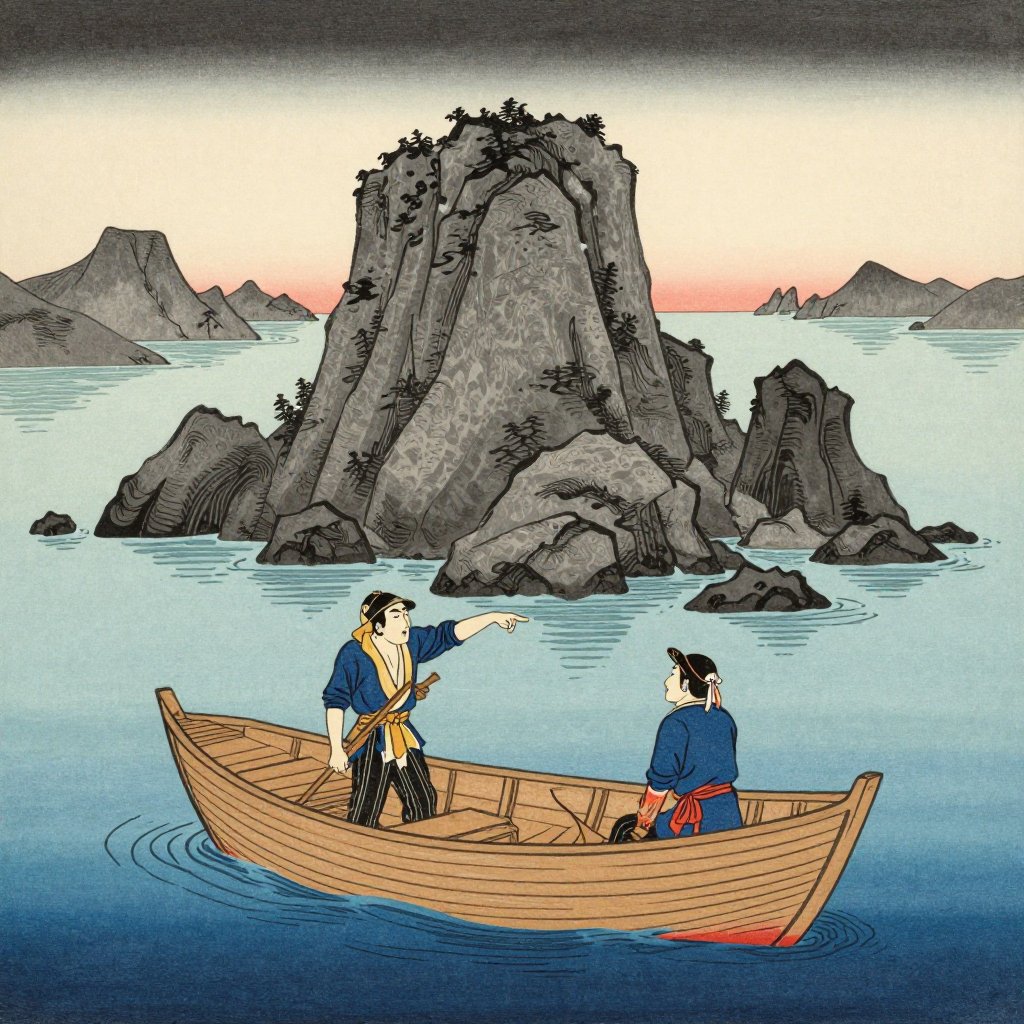 Japanese ukiyo-e illustration of Norse fishermen in a wooden boat near a rocky island that is subtly alive
