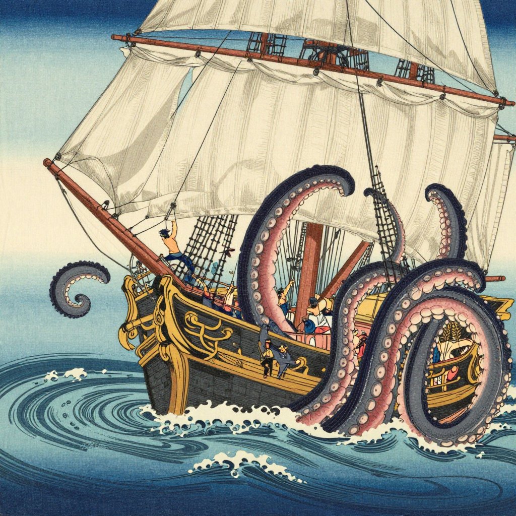 Japanese ukiyo-e illustration of enormous tentacles rising from the ocean curling around masts and rigging of a sailing vessel