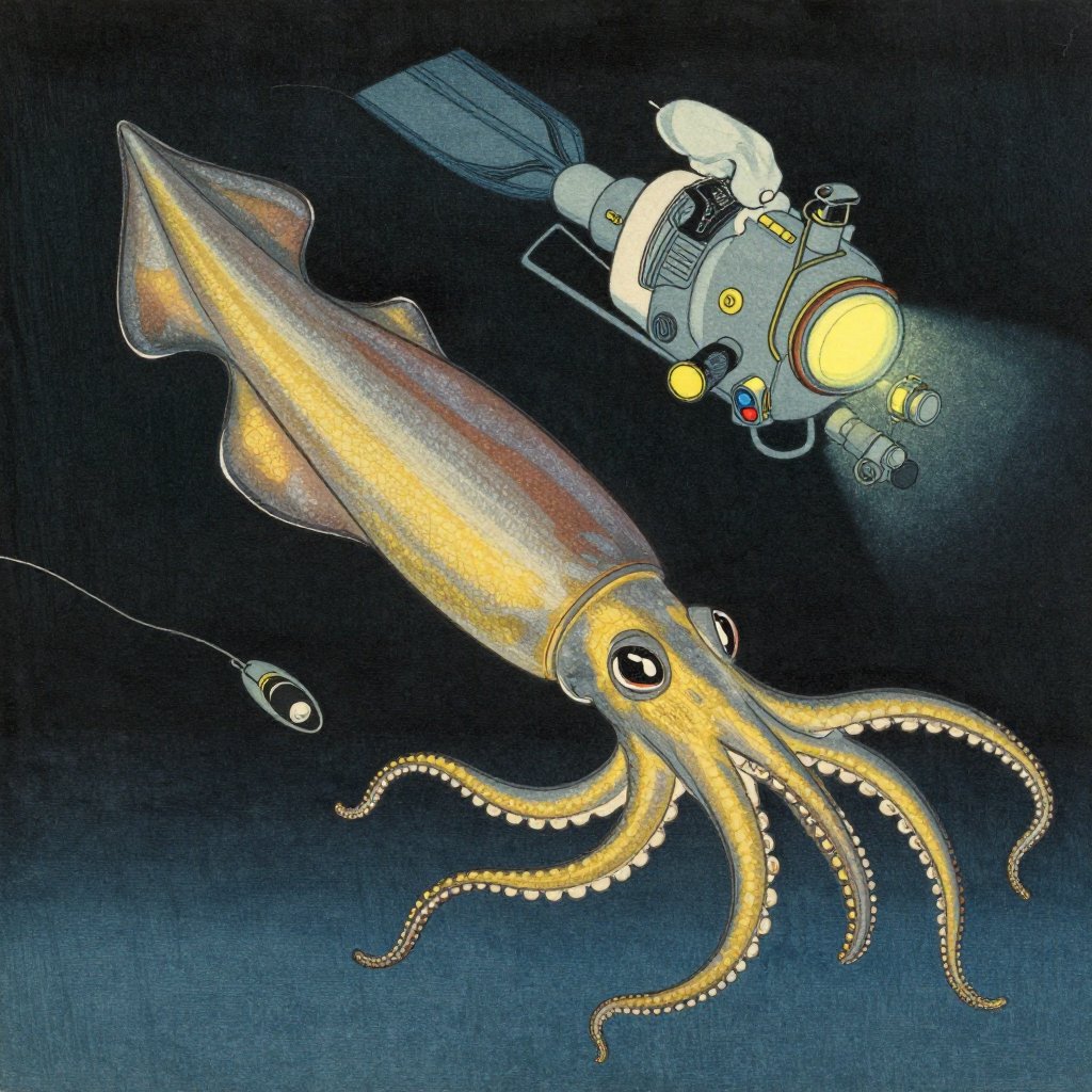 Japanese ukiyo-e illustration of a silver and gold giant squid illuminated by a research submersible's lights in deep darkness