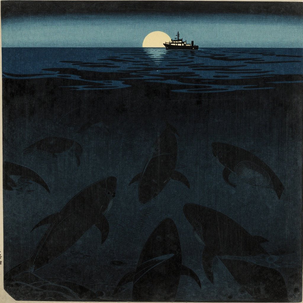 Japanese ukiyo-e illustration of a vast dark ocean from above with a small circle of light from a research vessel and enormous shadowy shapes below