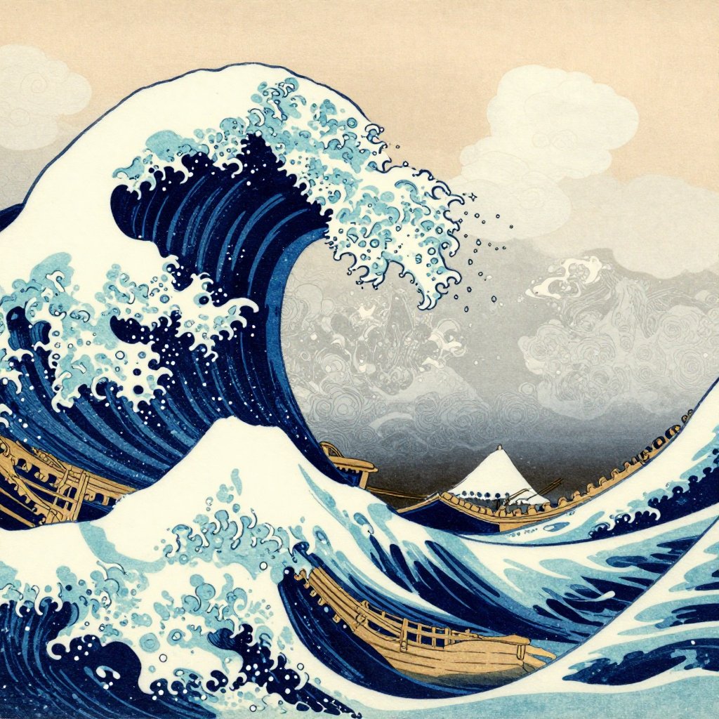 Japanese ukiyo-e woodblock print of a massive kraken rising from churning ocean waves
