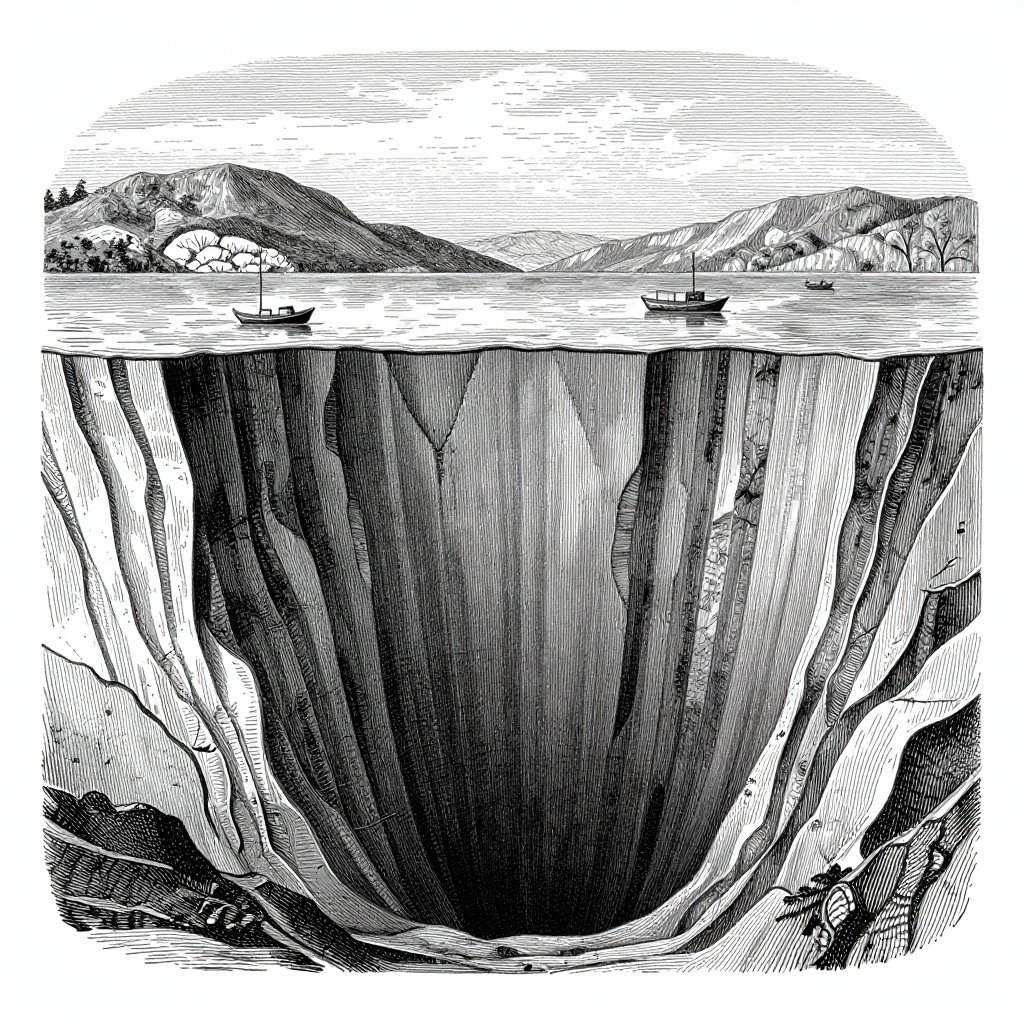 Victorian engraving cross-section of Loch Ness showing its immense depth with tiny boats on the surface
