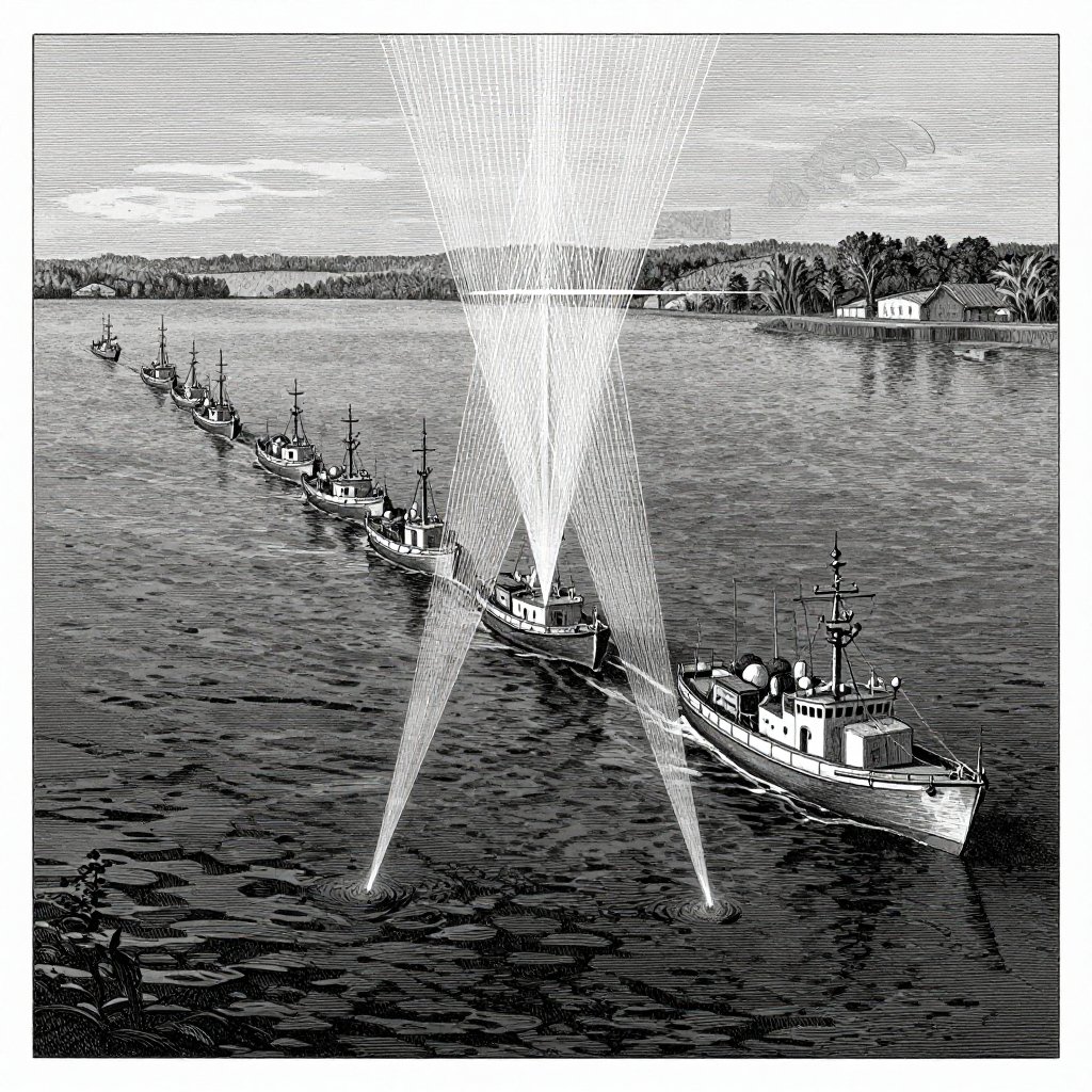 Victorian engraving of a fleet of boats in formation across a dark lake with sonar beams radiating downward