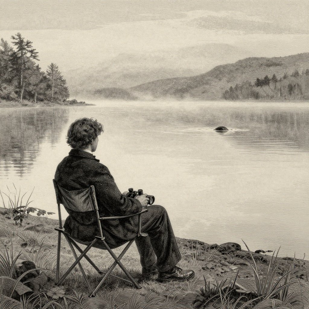 Victorian engraving of a solitary figure sitting by Loch Ness at dawn with binoculars, something barely breaking the distant surface