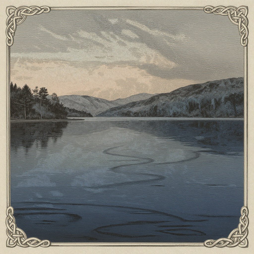Victorian engraving of Loch Ness at dusk with a serpentine shadow beneath the surface