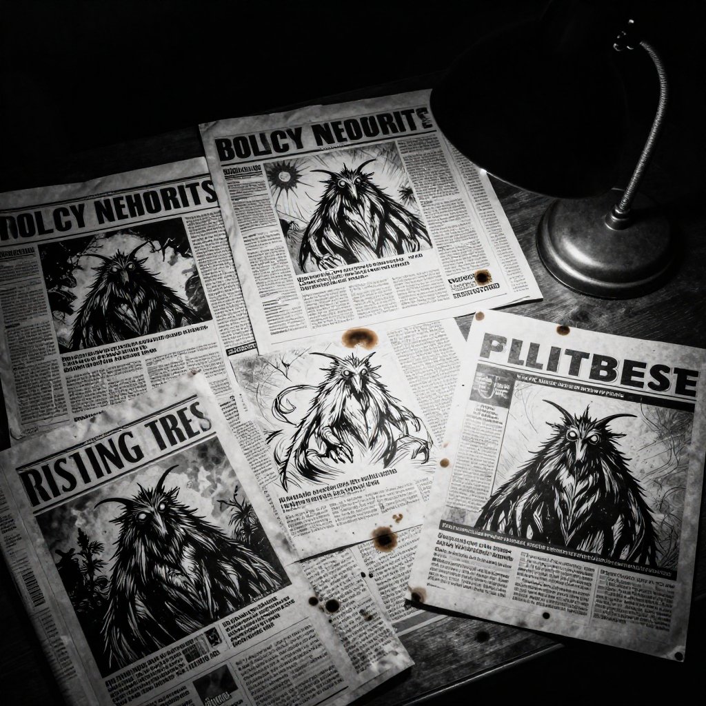 Noir comic book illustration of newspaper clippings and police reports spread across a desk with varying Mothman sketches