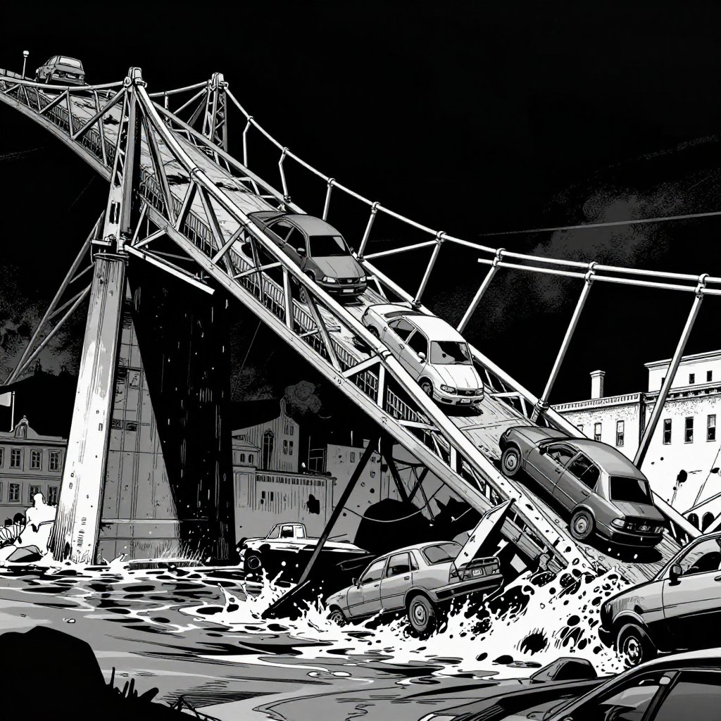 Noir comic book illustration of the Silver Bridge at the moment of collapse with dramatic diagonal composition