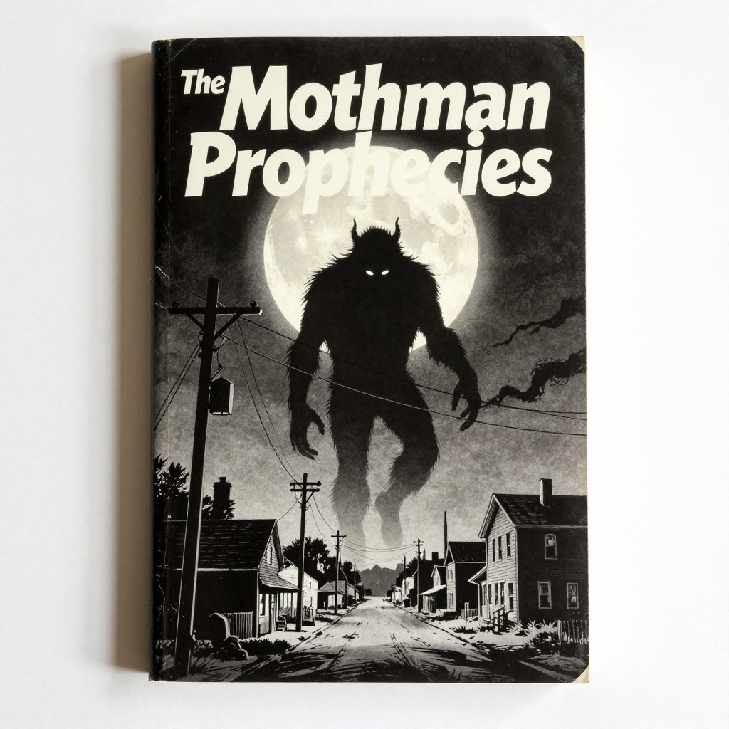 Noir comic book illustration of a 1970s pulp paperback cover for The Mothman Prophecies with Mothman silhouette against a full moon