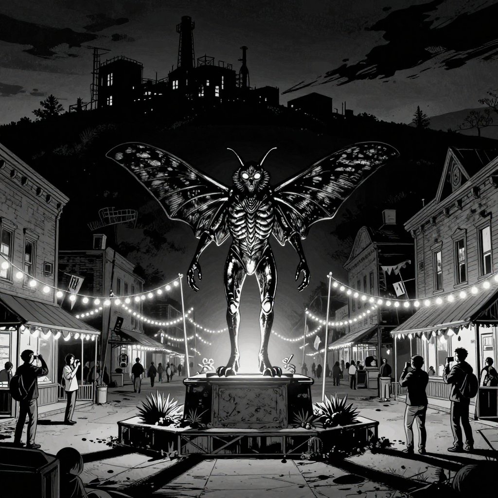 Noir comic book illustration of the shiny Mothman statue in a small town at night with festival lights and the dark TNT plant visible on a distant hillside