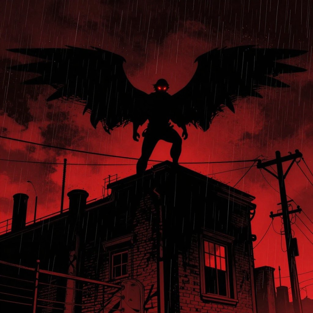 Noir comic book illustration of a dark winged silhouette with glowing red eyes perched on a building in the rain