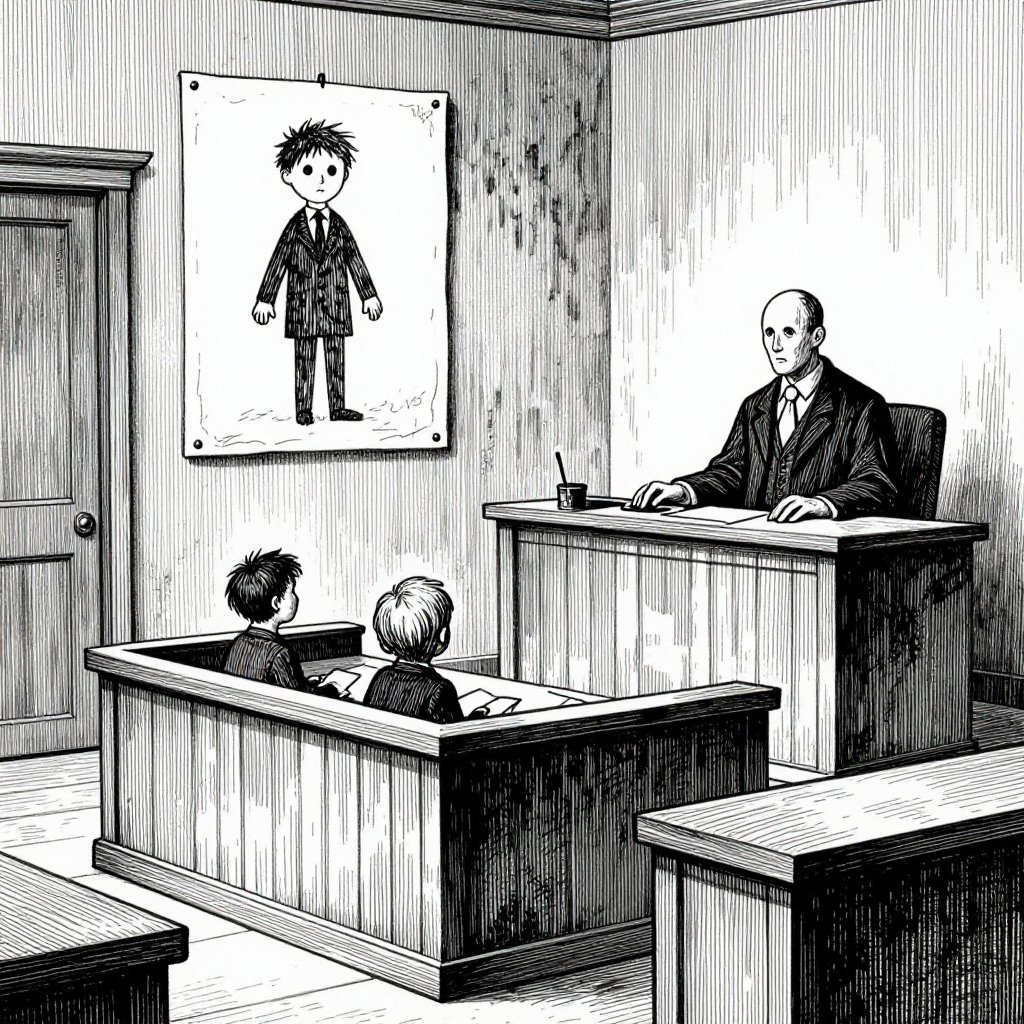Edward Gorey pen and ink illustration of a somber courtroom with two small figures at the defense table and a child's drawing of a faceless figure on the wall