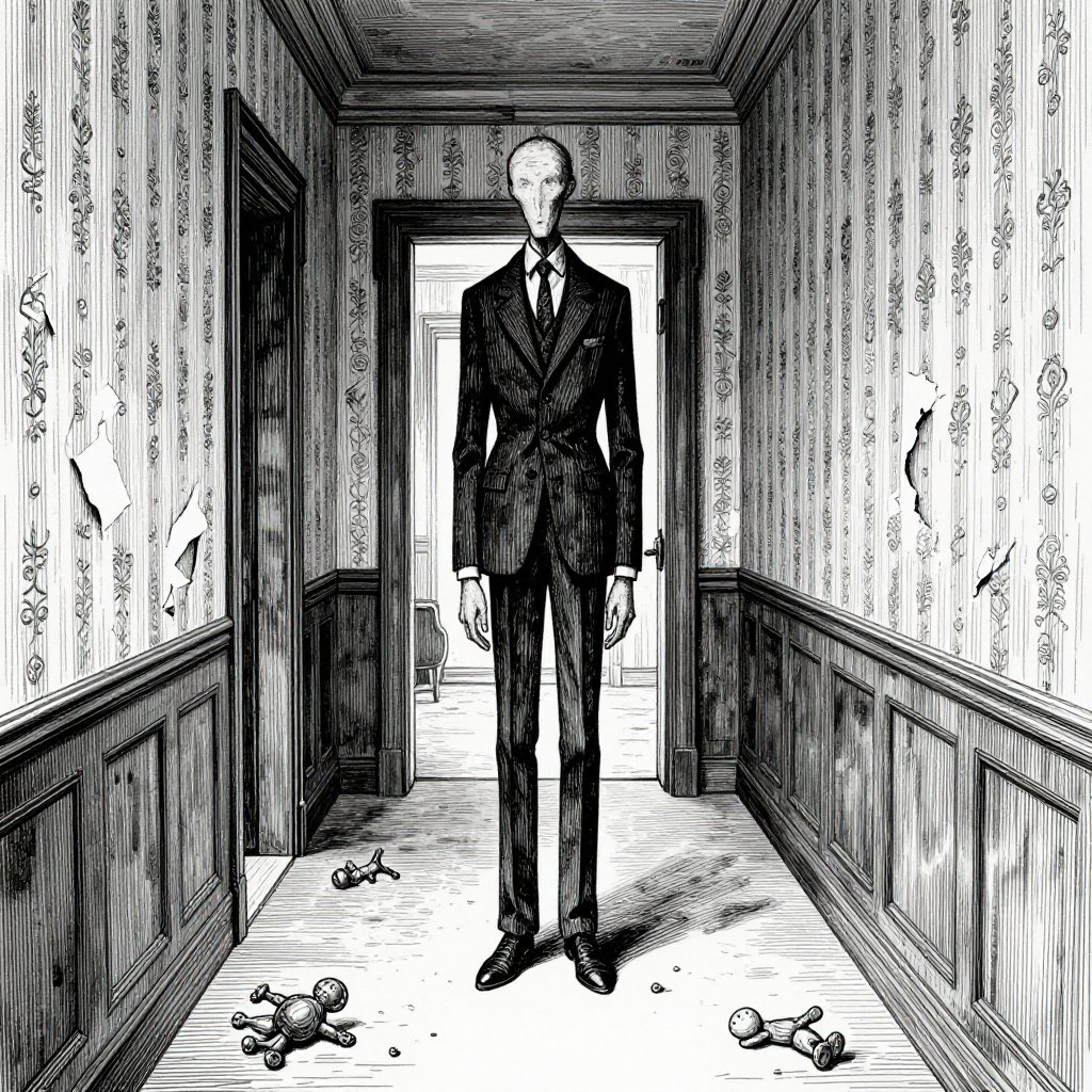 Edward Gorey pen and ink illustration of a tall faceless figure in a suit standing at the end of a hallway
