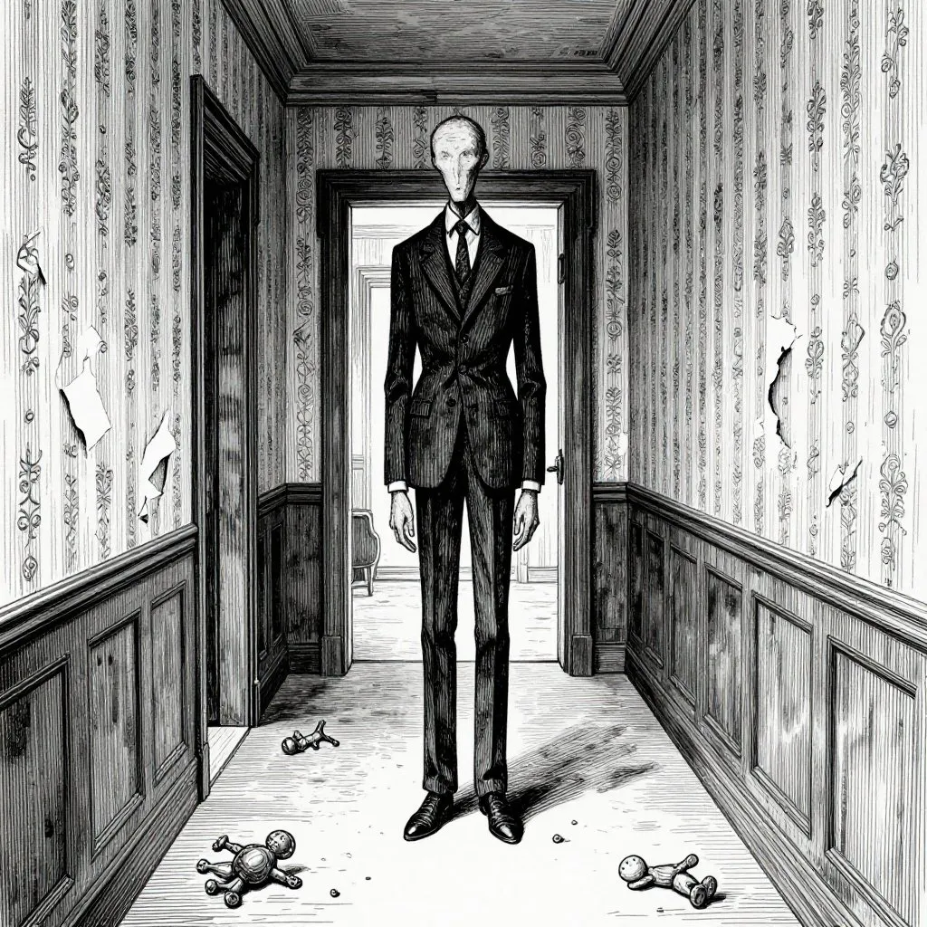 Edward Gorey pen and ink illustration of a tall faceless figure in a suit standing at the end of a hallway