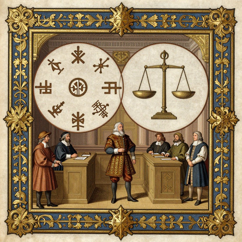Gothic illuminated manuscript courtroom scene with Jack Fiddler standing before colonial authorities with indigenous and British legal symbols