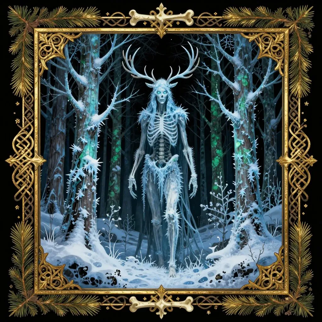 Gothic illuminated manuscript of a towering skeletal antlered figure in a frozen boreal forest