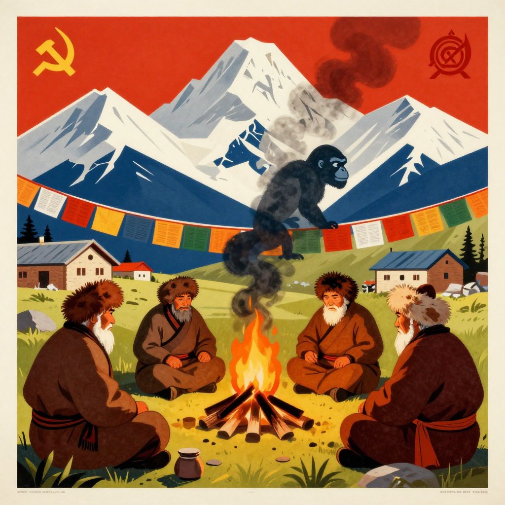 Soviet propaganda poster style illustration of Sherpa elders gathered around a fire with Himalayan peaks rising behind them