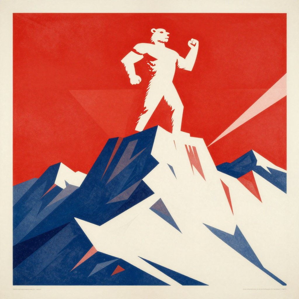 Soviet propaganda poster of a massive white-furred Yeti standing atop a Himalayan peak against a red sky